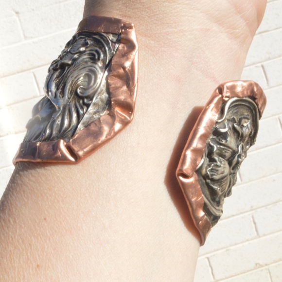 Art Nouveau Lady Face Sterling Cuff Bracelet 925 Victorian Copper Alfonso mucha - Picture 7 of 8